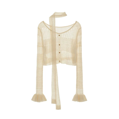 MAMC - Wide-Neck Cutout Cropped Knit Cardigan (Black / Yellow / Beige / Plaid Bra)