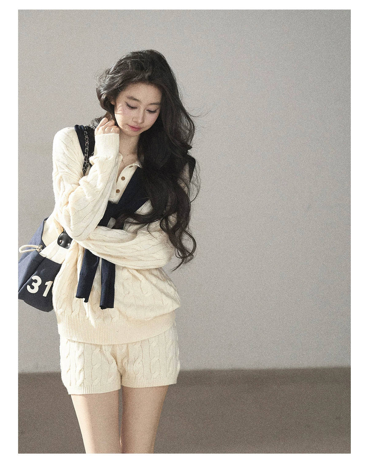 AOMALM - Dutch Cream Cable Knit Sweater & Shorts Set with Shawl