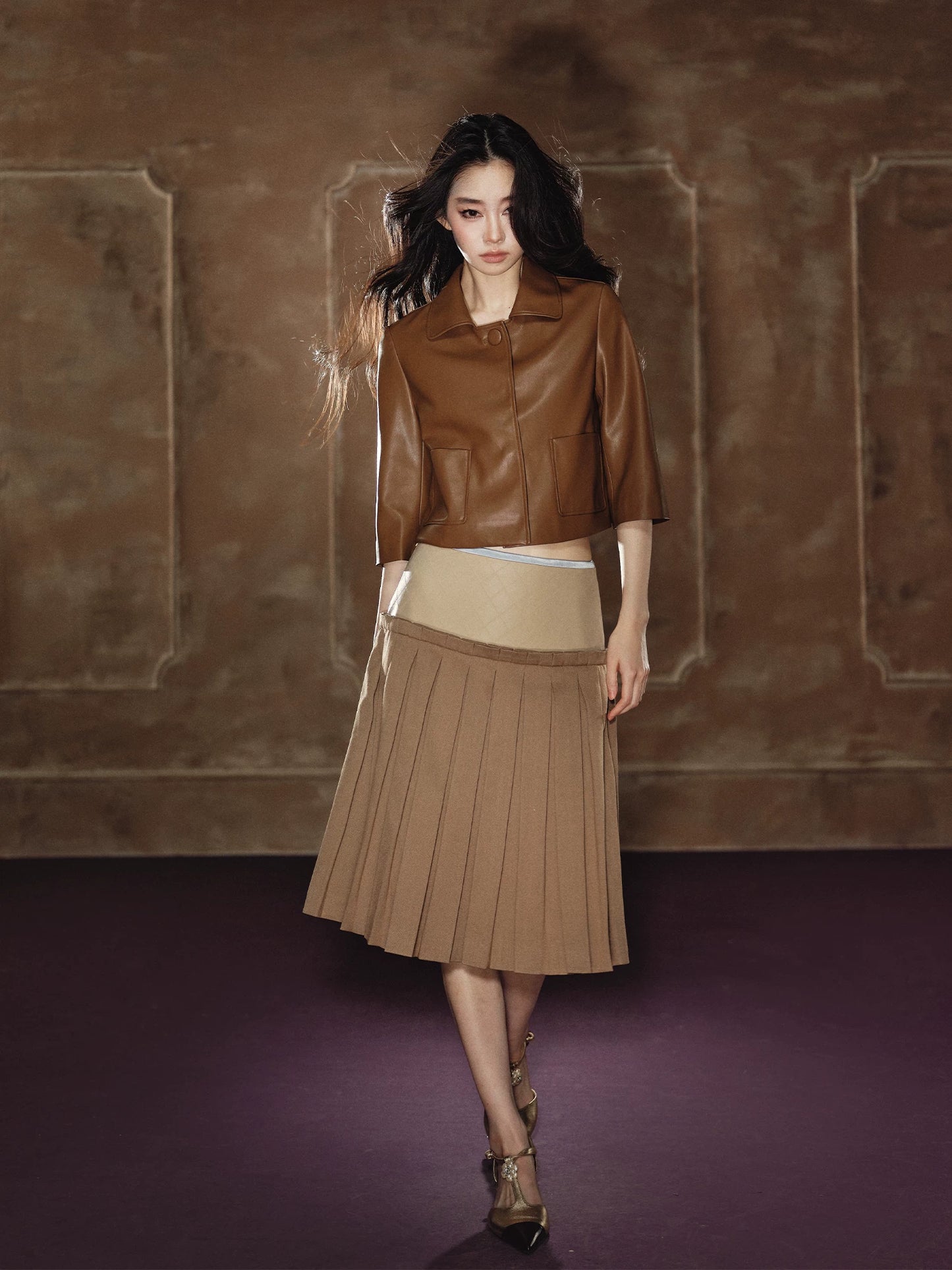 "Scholarly Muse" Khaki Faux Leather Jacket & Mixed-Media Pleated A-Line Skirt Set
