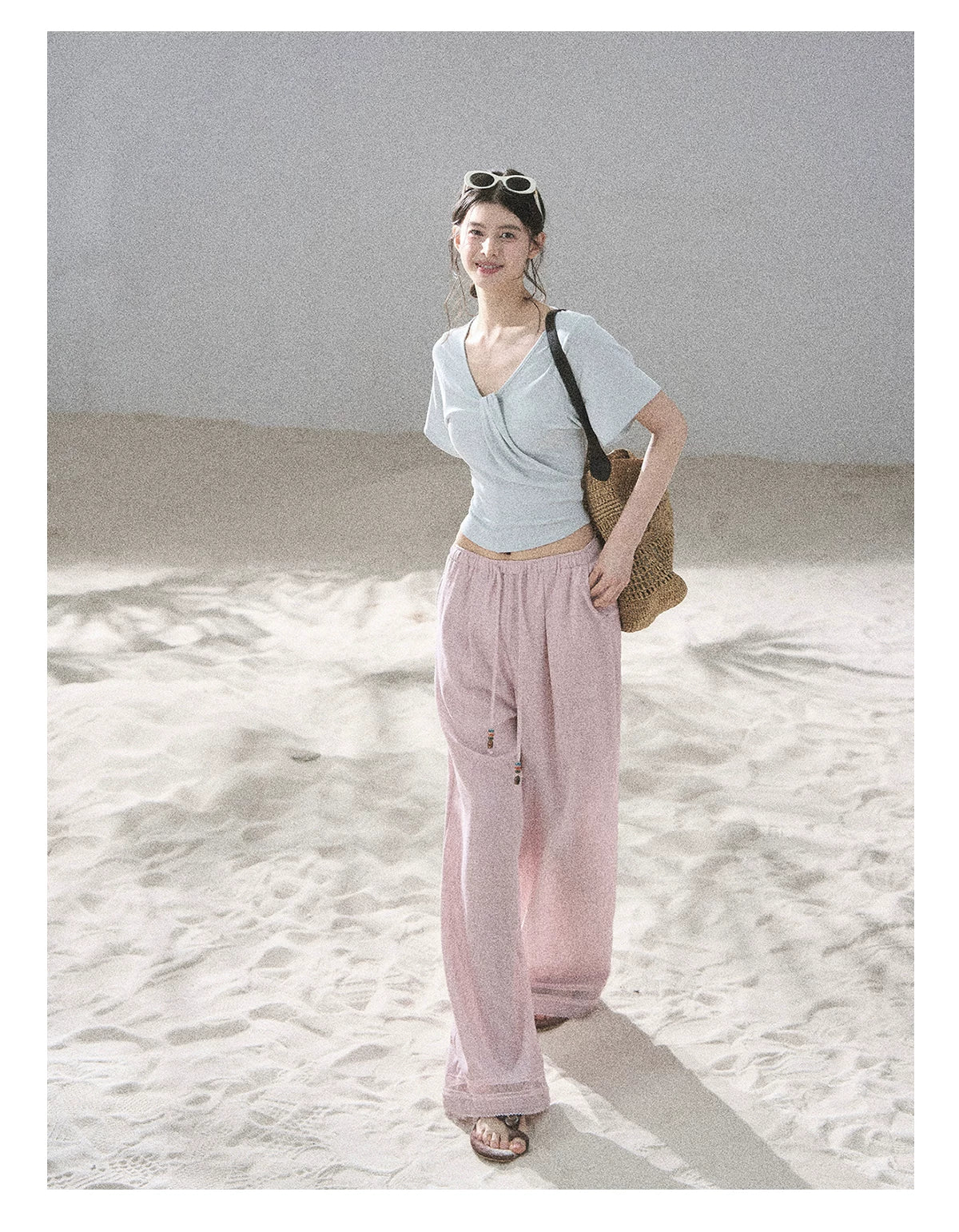 "Follow the Sea Breeze" Lightweight Straight-Leg Wide-Leg Pants (Lotus Pink/ Gray Sage Green/ Gray Blue)