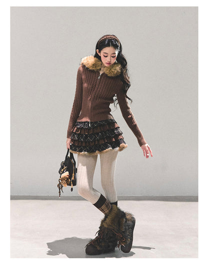 少也眼 “Melard Poem” Plaid Layered Brown Mini Skirt 8455211