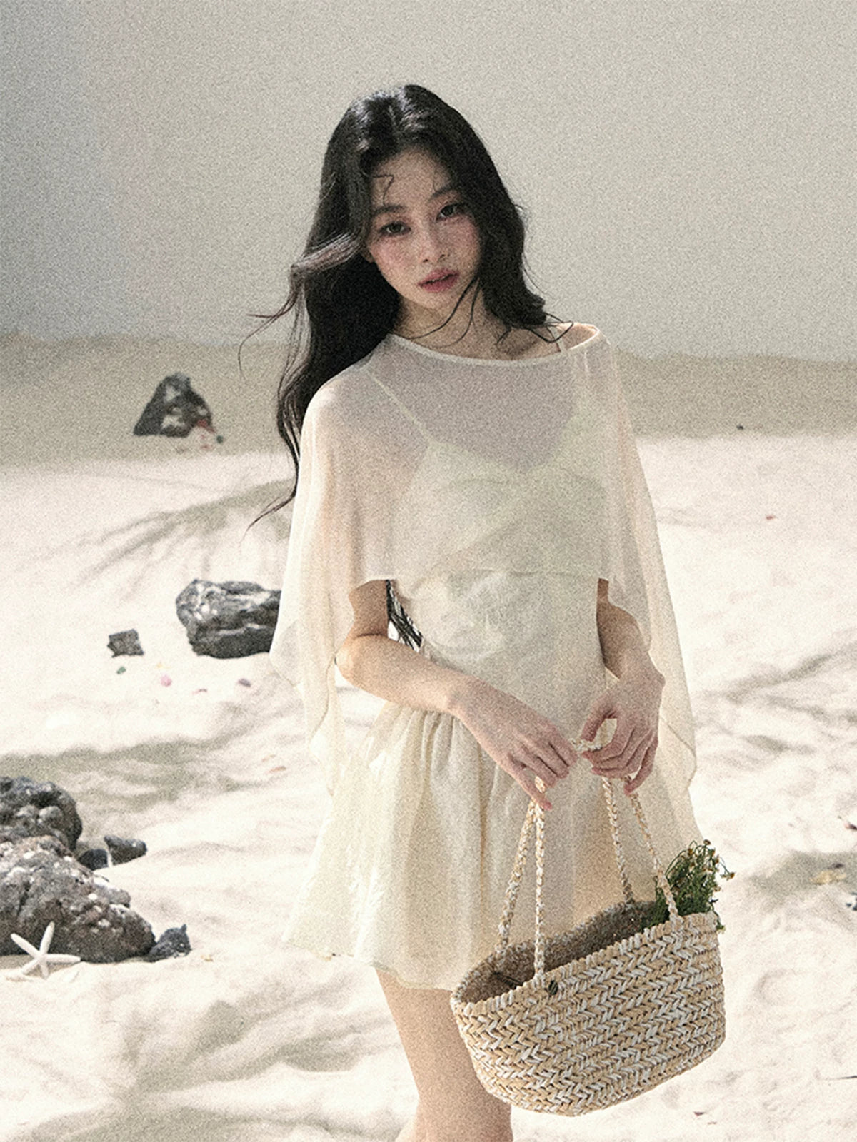 "Veiled in Mist" Cream Apricot Puff Mini Dress & Chiffon Shawl Set 5348