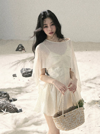 "Veiled in Mist" Cream Apricot Puff Mini Dress & Chiffon Shawl Set 5348