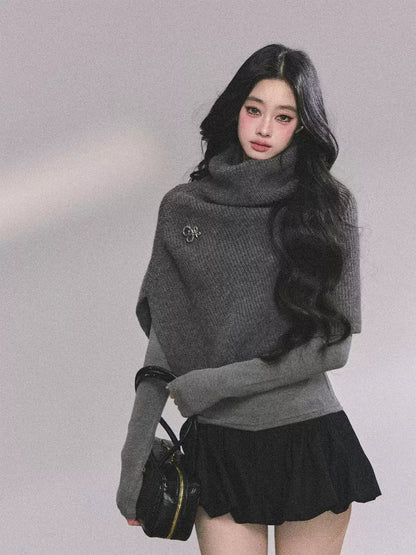 少也眼 Korean Style Loose Turtleneck Knit Cape