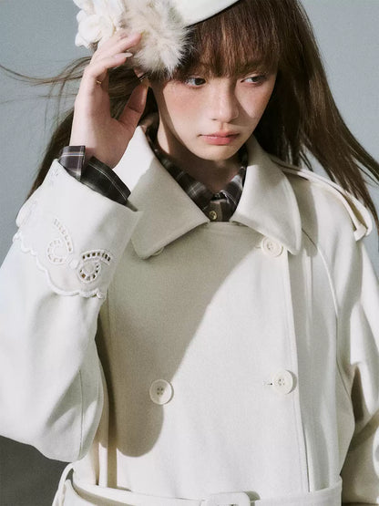 LOST FOREST - Almond Milk White Cutout Embroidered Trench Coat