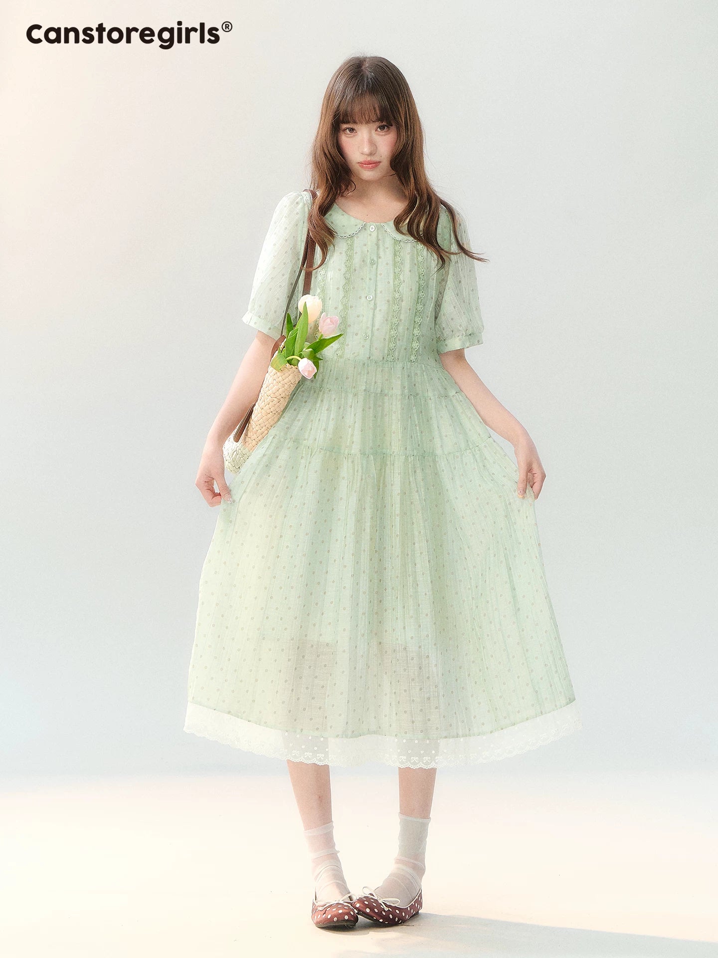 "Hyacinth Ballad" Sage Green Polka Dot Tiered Dress LL2026210