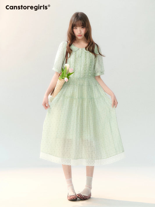 150626C "Hyacinth Ballad" Sage Green Polka Dot Tiered Dress