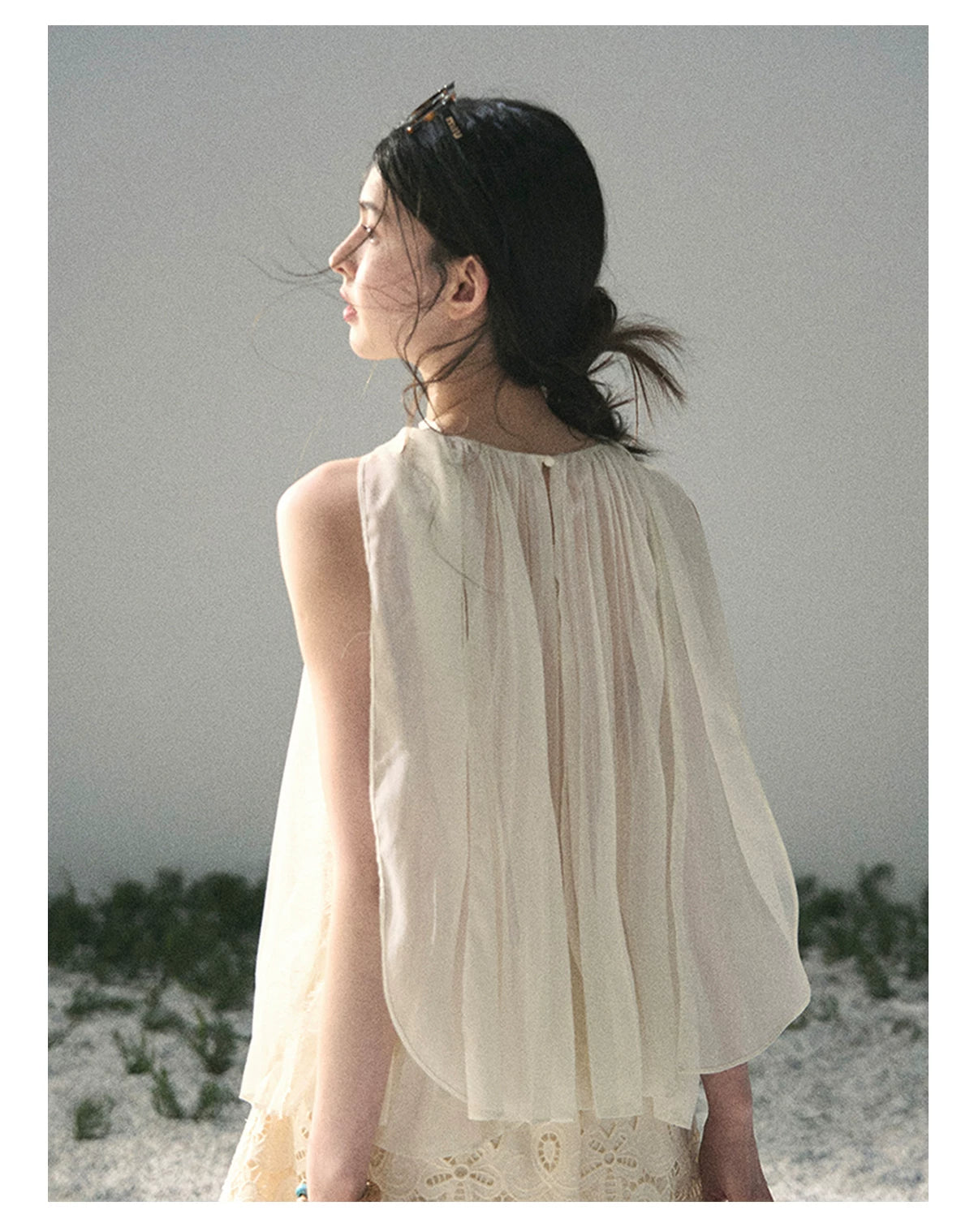 “Summer Light Through Pleats” Ivory Lace Pleated Halter Blouse