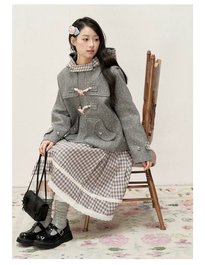 [RF] Floral Heather Gray Pink Plaid-Trim Hooded Duffle Coat