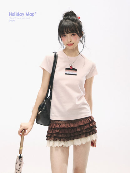 "Strawberry Shortcake Mood" Peach Pink Patchwork Cake Graphic Cotton Tee