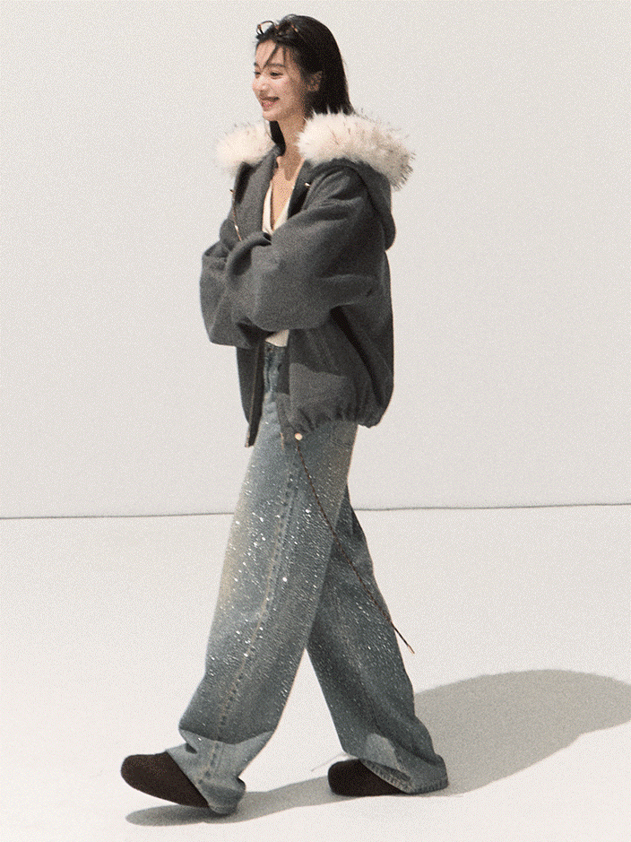 OAKMOO/ Swiss Gray Hooded Zip-Up Jacket with Detachable Faux Fur Collar