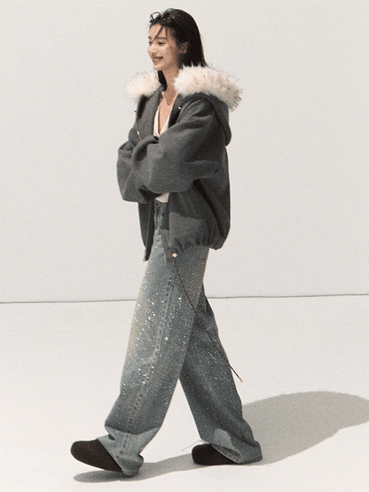 OAKMOO/ Swiss Gray Hooded Zip-Up Jacket with Detachable Faux Fur Collar