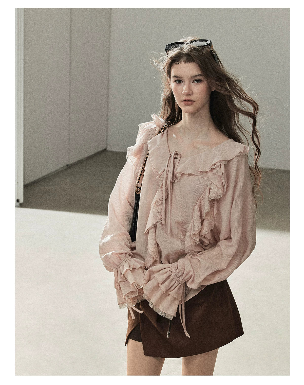 AOMALM - "A Featherlight Touch" French Camellia White Lace Chiffon Top with Belt (Camellia / Oatmeal / Cinnamon Pink)