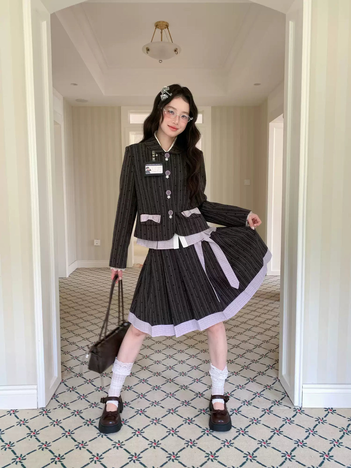 [[RF] “Ink Plaid Prelude” Gray-Purple Plaid Striped Pleated Skirt Two-Piece Set