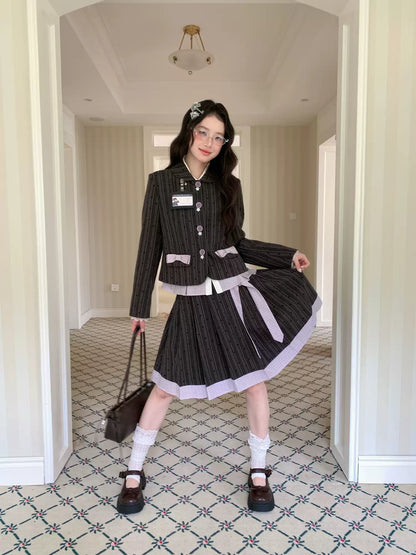 [[RF] “Ink Plaid Prelude” Gray-Purple Plaid Striped Pleated Skirt Two-Piece Set