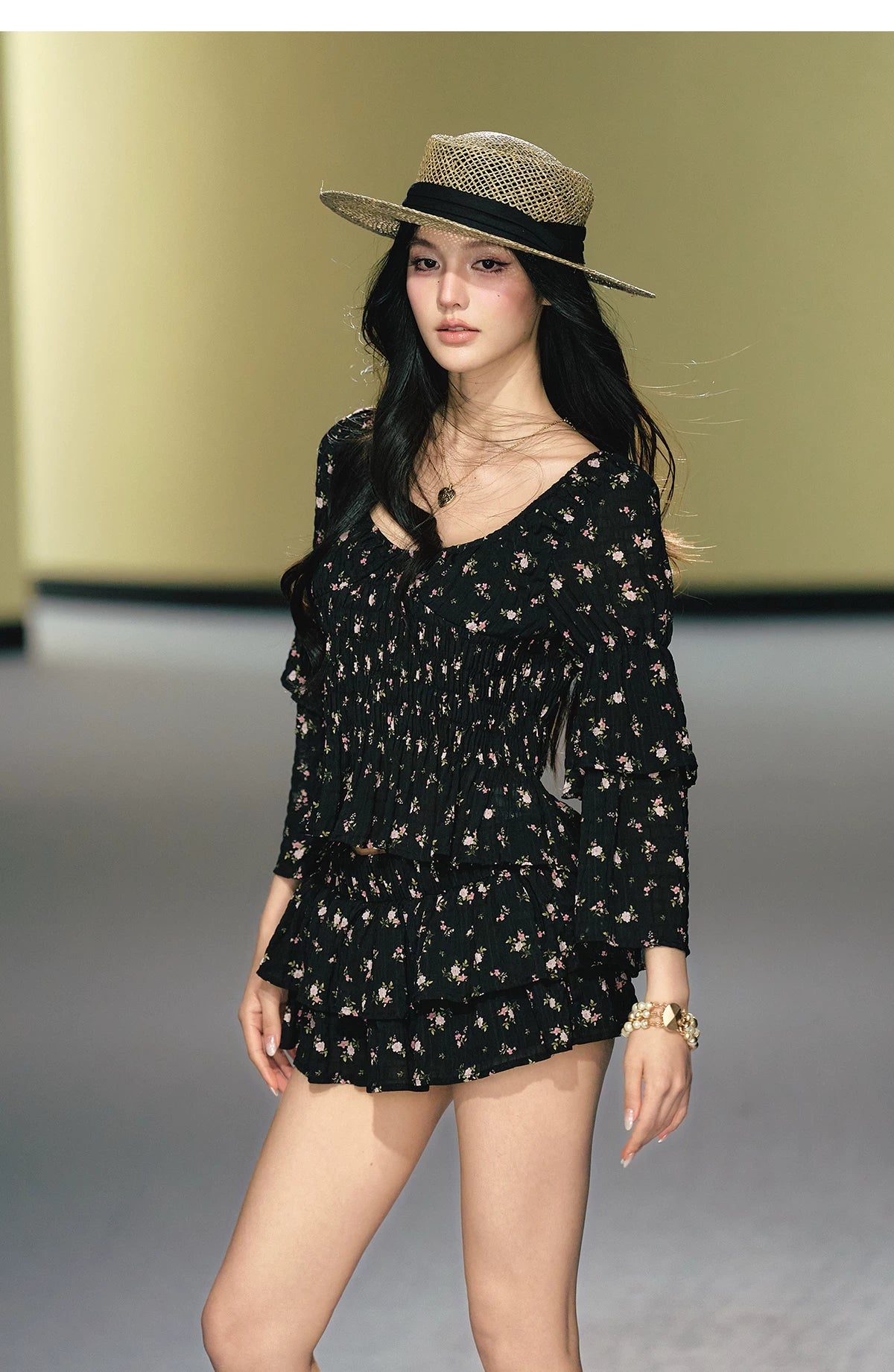 "Midnight Tea Garden" Black Floral Ruffle Blouse & Tiered Mini Skirt Set