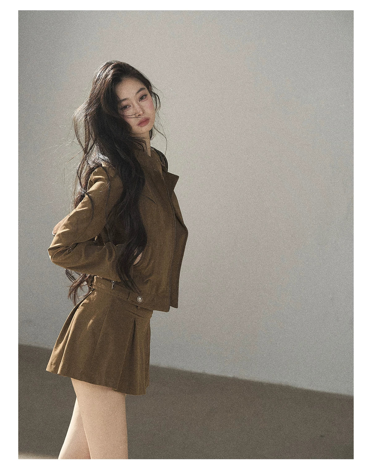 AOMALM - "Olive Autumn" Brown Faux Leather Jacket & Pleated Skirt Set