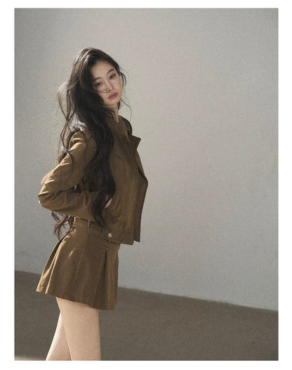 AOMALM - "Olive Autumn" Brown Faux Leather Jacket & Pleated Skirt Set