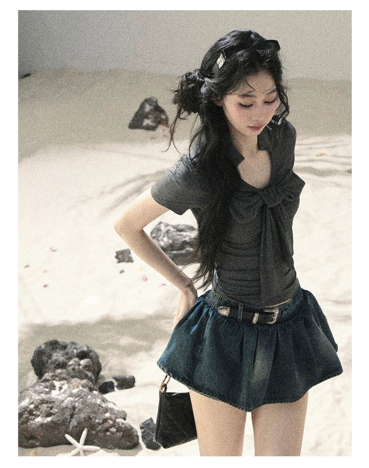 "Breeze Through the Bow" Slate Gray V-Neck Crop Top