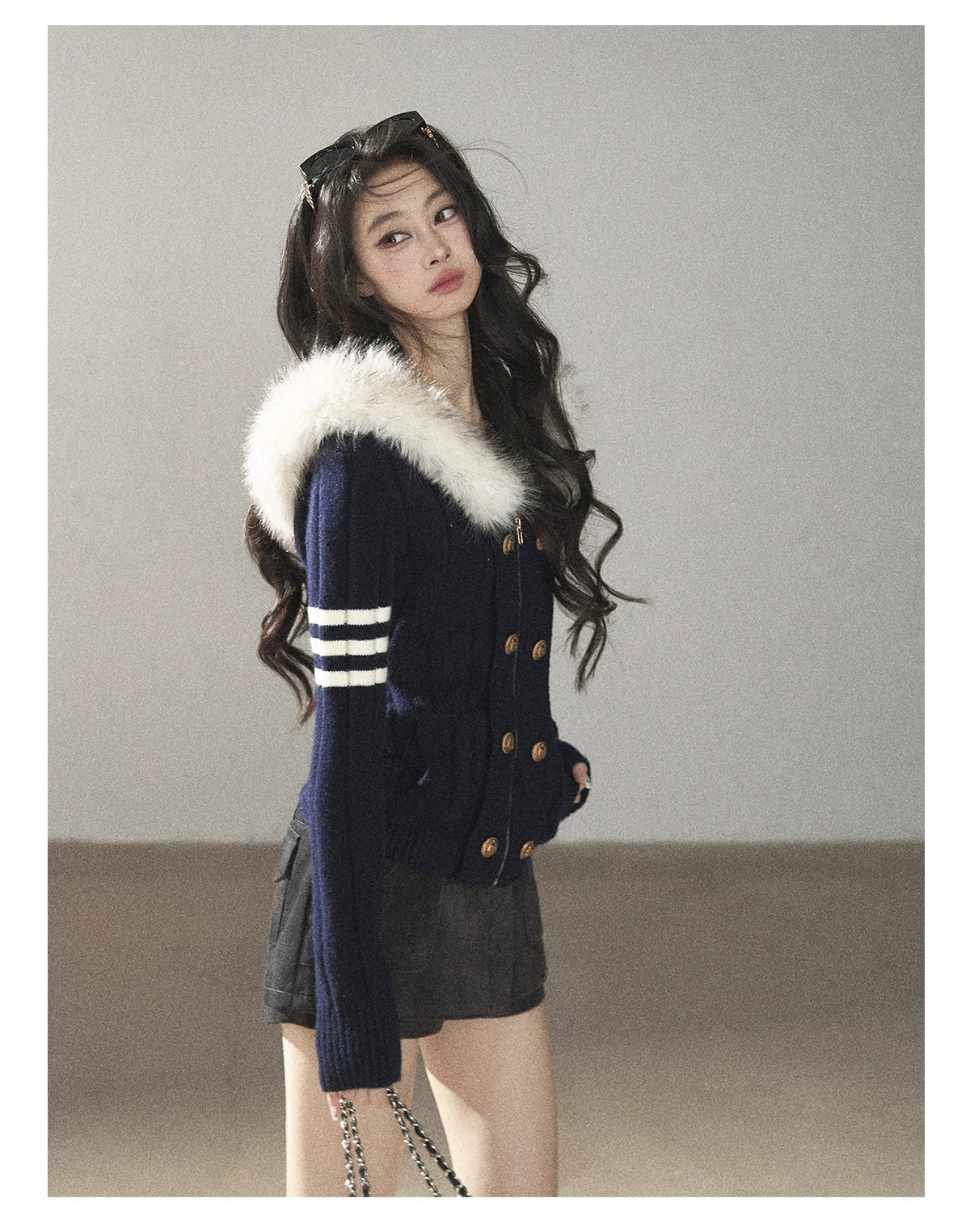 AOMALM - Blue Hooded Cable-Knit Sweater Jacket with White Stripes