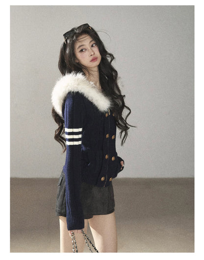 AOMALM - Blue Hooded Cable-Knit Sweater Jacket with White Stripes