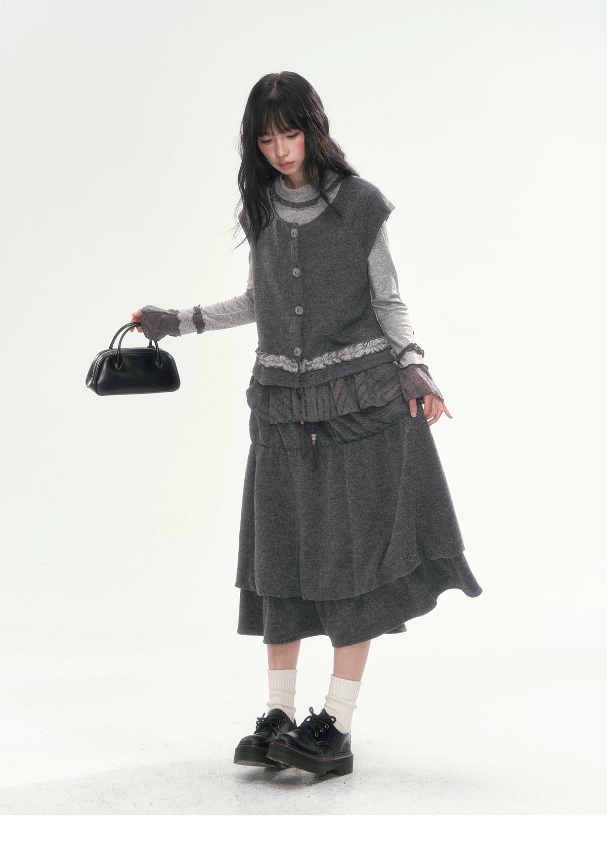 [CAN] Dark Gray Tiered Wool-Blend Midi Skirt