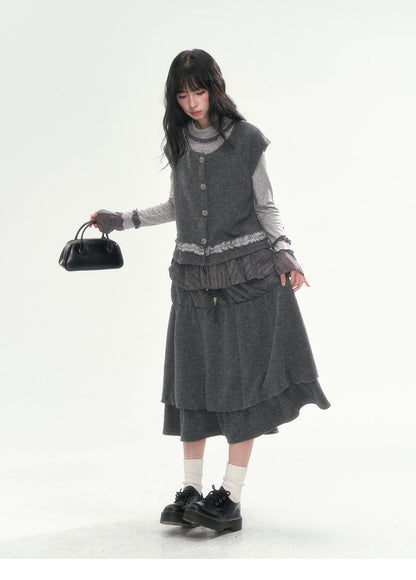 [CAN] Dark Gray Tiered Wool-Blend Midi Skirt