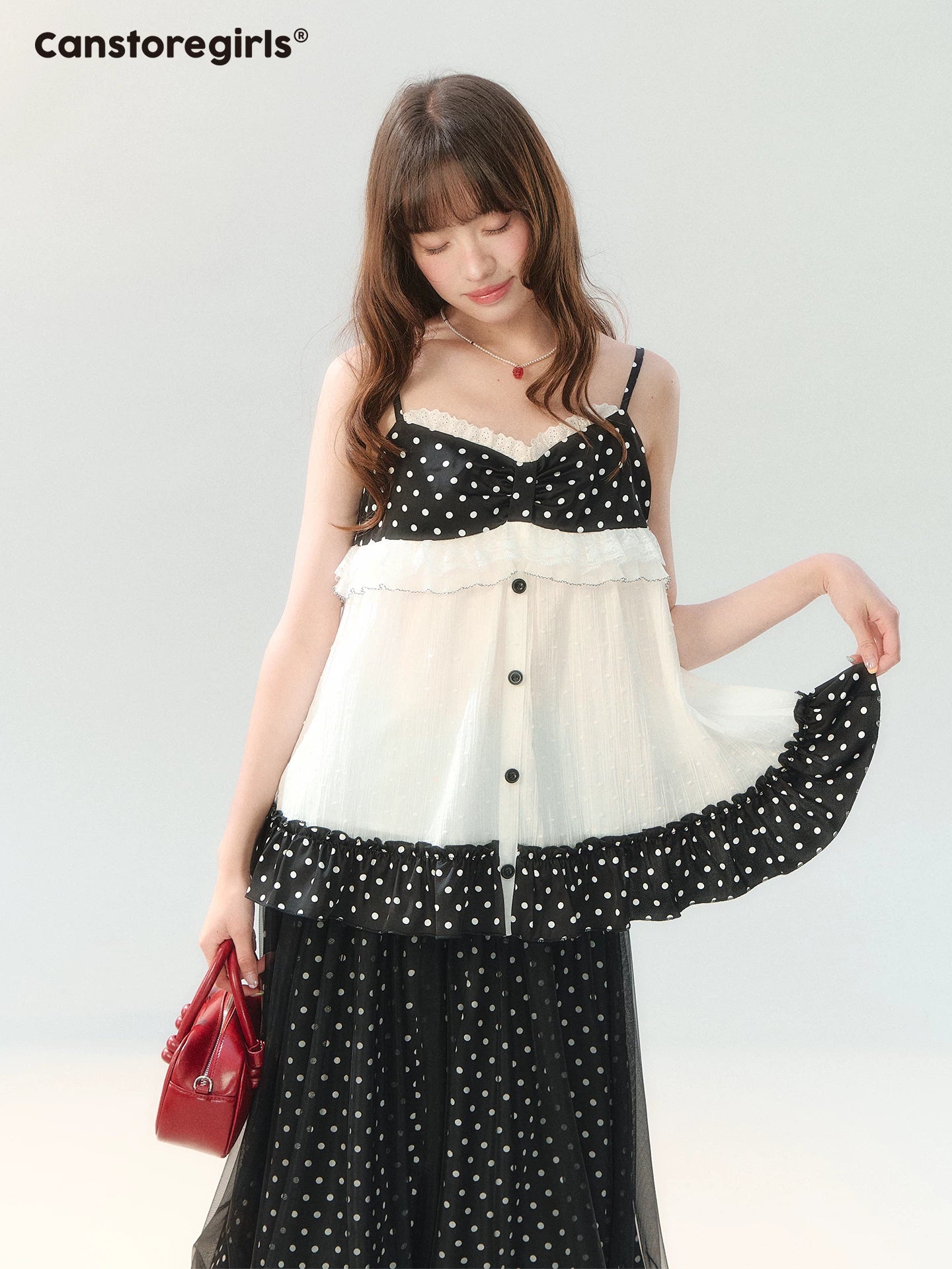 "Midnight Sweet Isle" Black Polka Dot Lace Two-Piece Skirt Set LL2026208