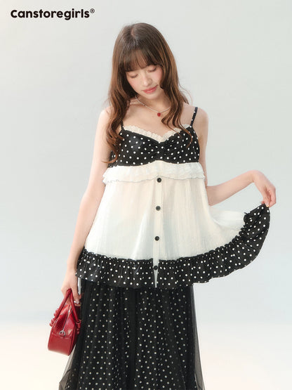 "Midnight Sweet Isle" Black Polka Dot Lace Two-Piece Skirt Set LL2026208
