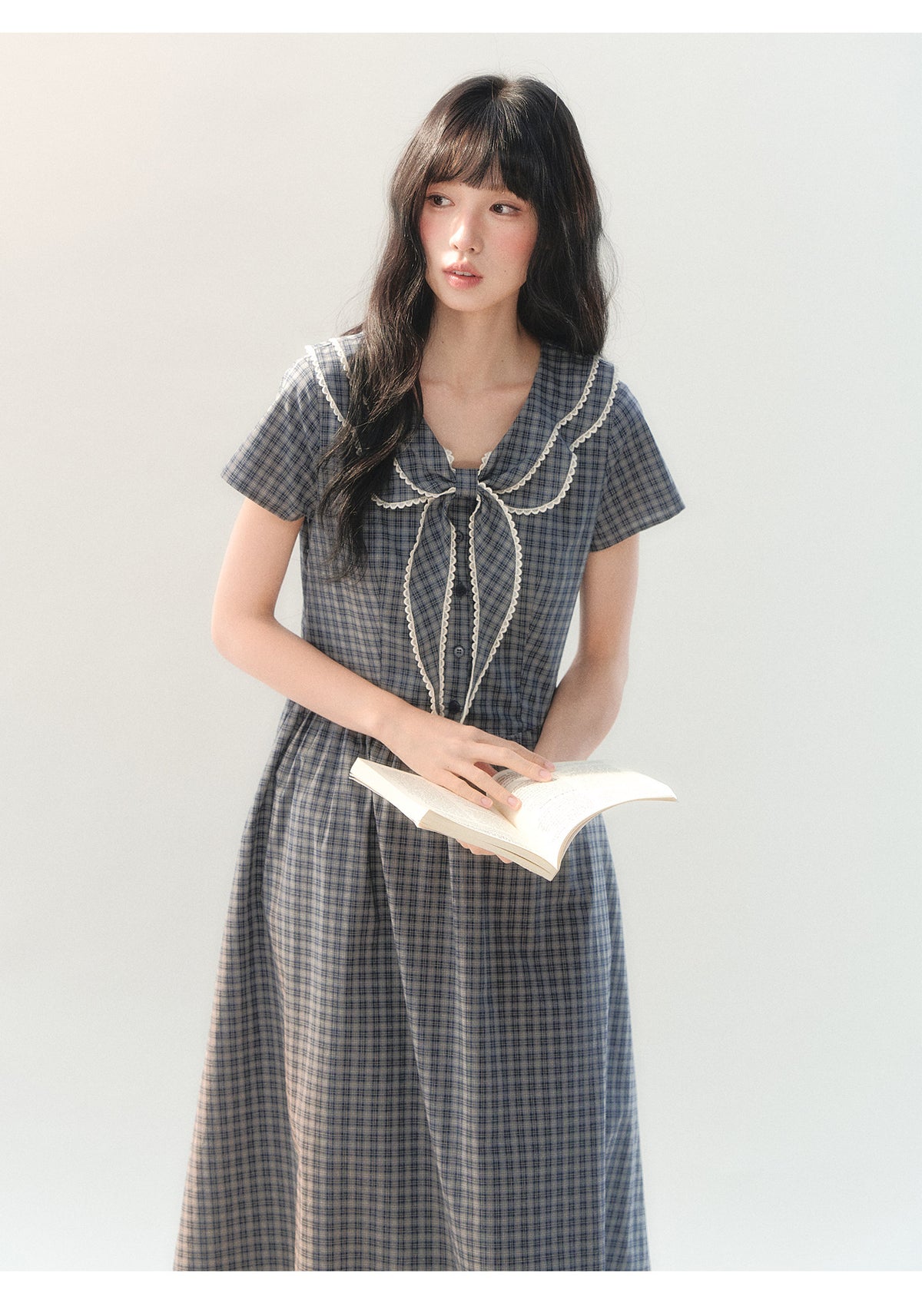 [CAN] "Firwood Plaid Tale" Blue Gray Plaid Lace Doll Collar Dress