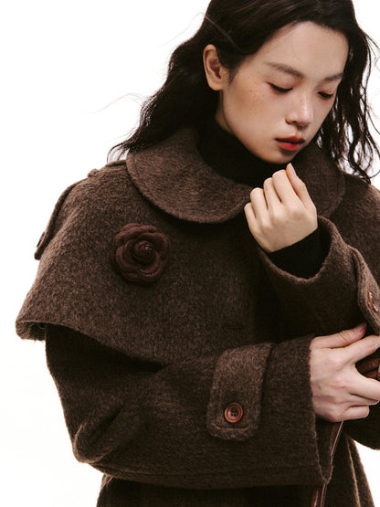 “Intellectual Cape Silhouette” Long Wool Blend Minimal Coat - Brown 8007