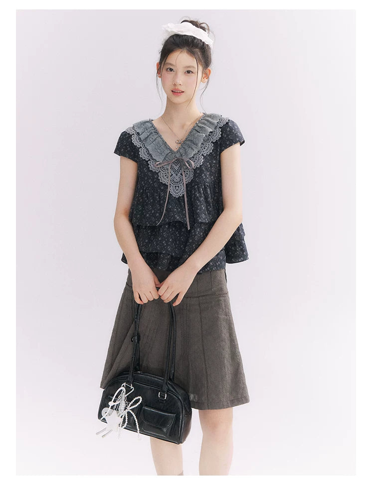 “Midnight Petal” Gray-Black Floral Top & Tiered Dress