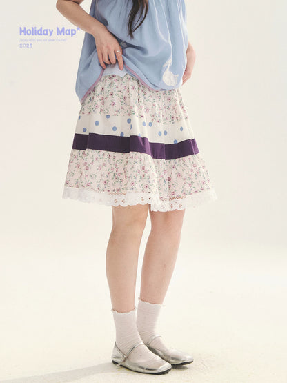 "Moonlight Grape" Vintage Floral Polka Dot Lace A-Line Skirt