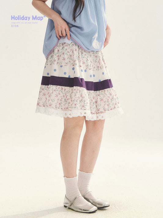 "Moonlight Grape" Vintage Floral Polka Dot Lace A-Line Skirt