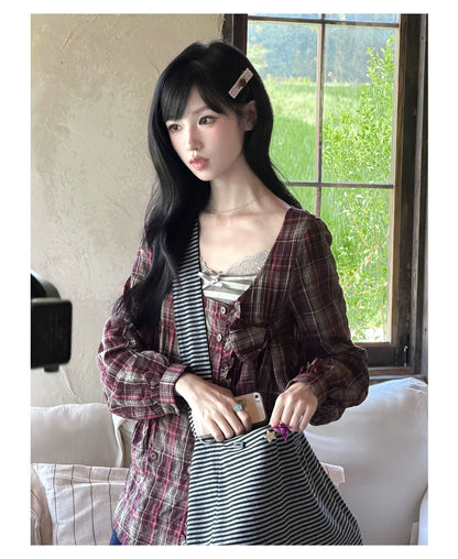 "Sage Whisper" Layered Vintage Collection (Plaid Shirt / Lace Cami / High-Waist Skirt)