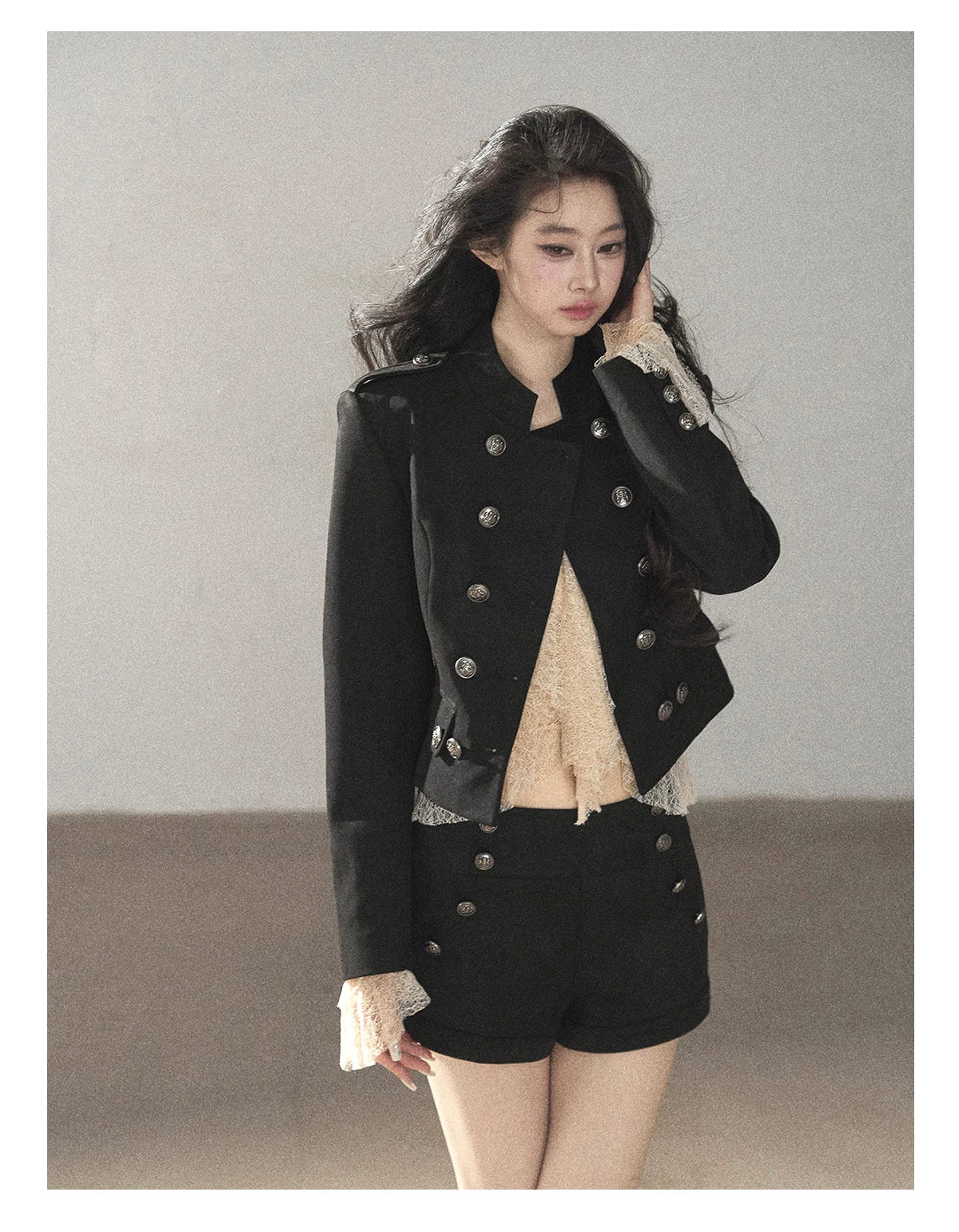 AOMALM - Black Napoleon-Style Jacket & Shorts Set with Milk Tea Top