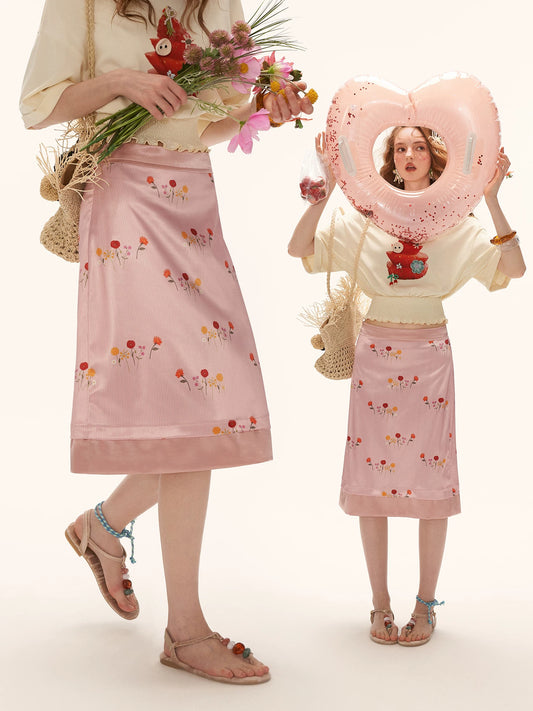 "Soft Blush Poem" Floral Satin A-Line Midi Skirt WE955