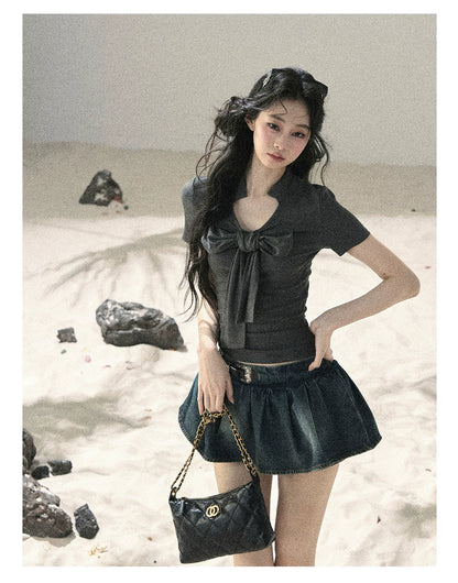 "Breeze Through the Bow" Slate Gray V-Neck Crop Top