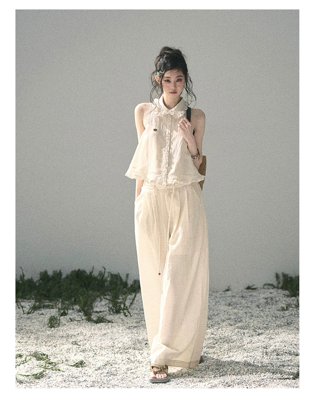 "Soft Cloud Reverie" Dutch Cream Lace Top & Bubble Skirt & Wide-Leg Pants Set 5468465