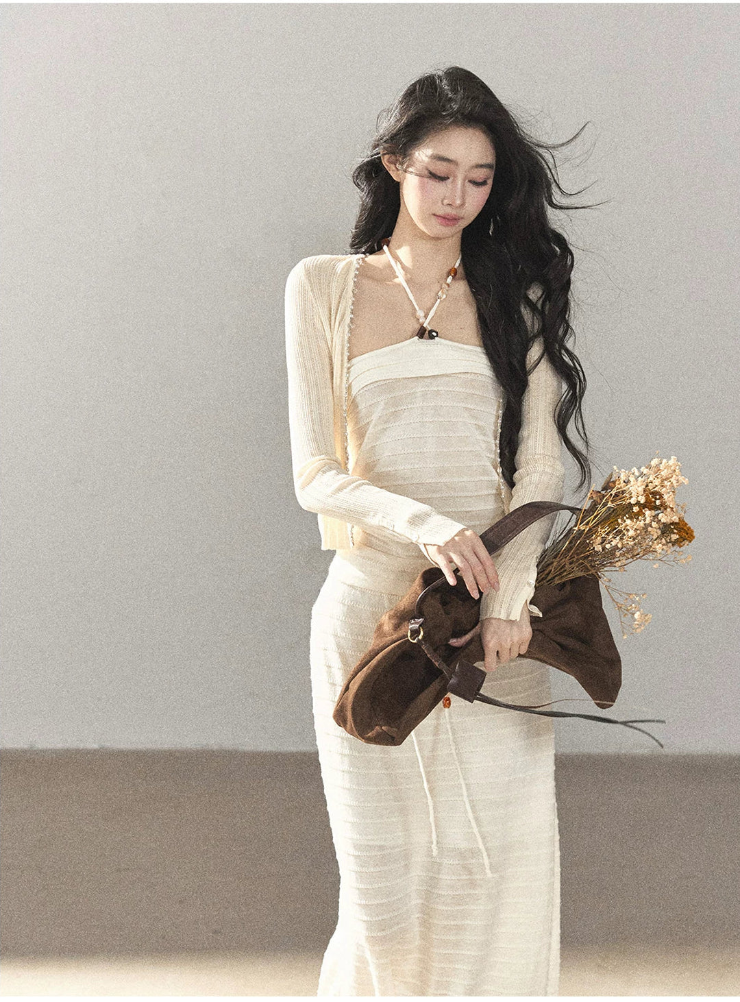AOMALM - Creamy Ivory Convertible Knit Tube Top & Maxi Skirt Set