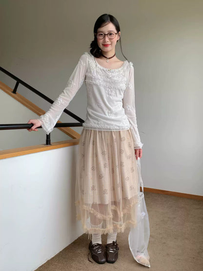 [RF] “Pearl Mist Reverie” White Lace-Trim Sheer Mesh Long-Sleeve Top