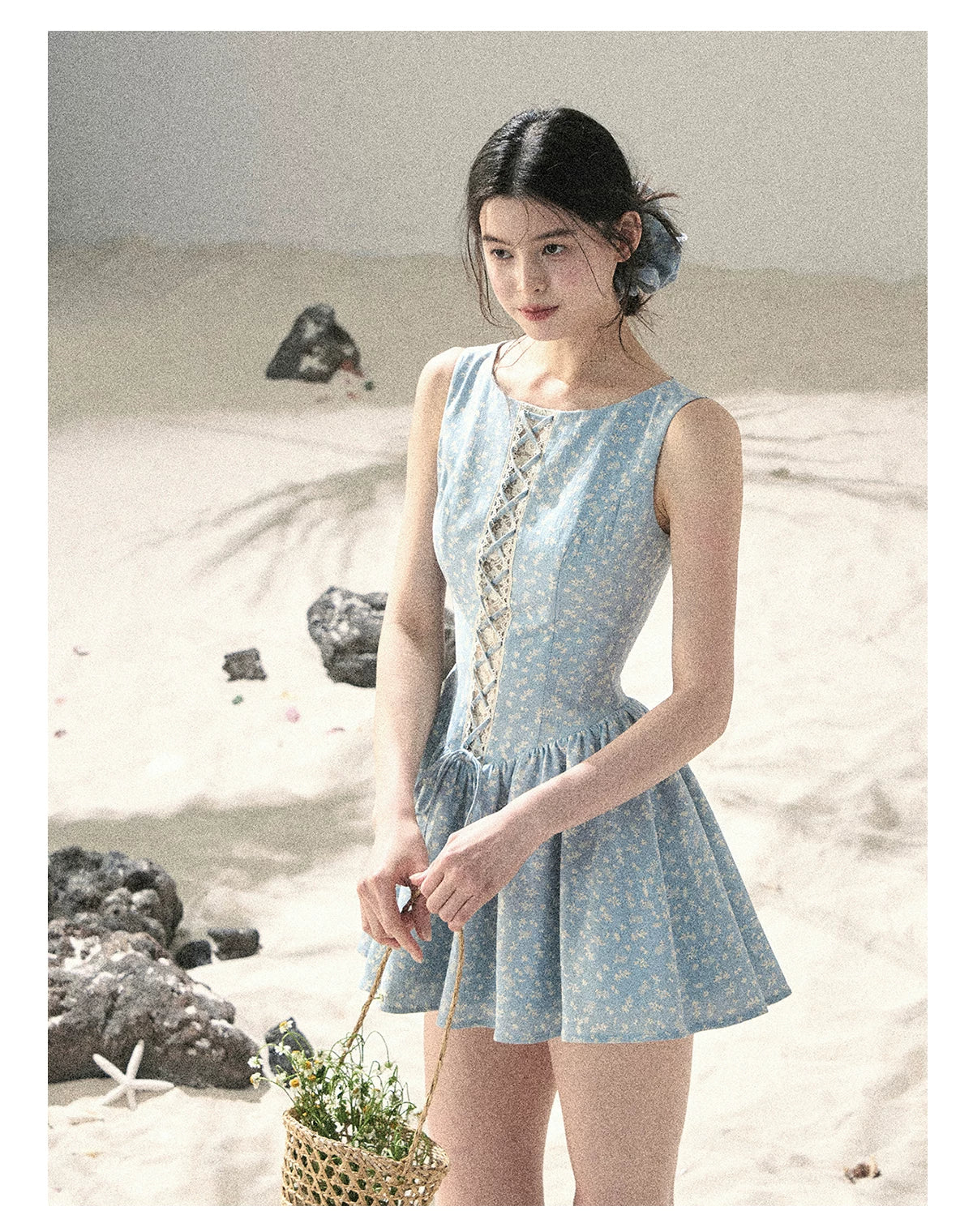 "Sage Summer" Haze Blue Lace Floral Puff Mini Dress