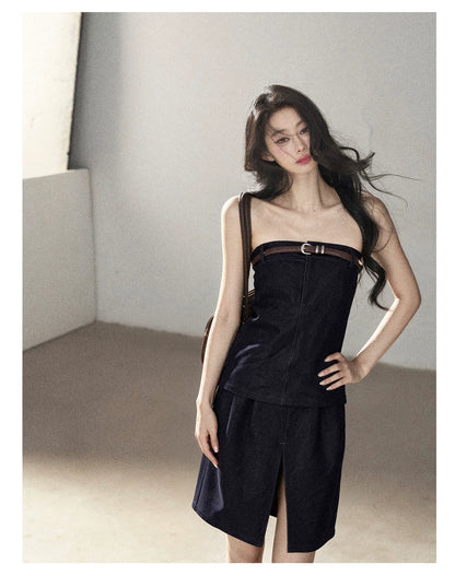 AOMALM - "Bluebell in Suspension" Navy Blue Korean Denim-Inspired 2-Piece Skirt Set