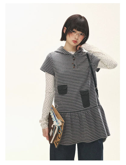 "Seoul Diary" Gray & Pink Stripe Hooded Knit Mini Dress