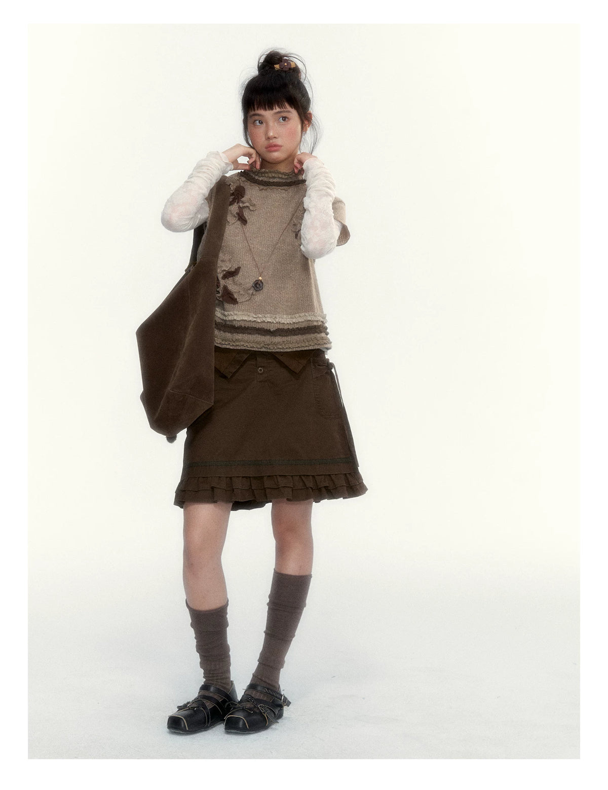 “Wild Caramel” Brown Washed Layered Ruffle Bow Pocket A-Line Skirt
