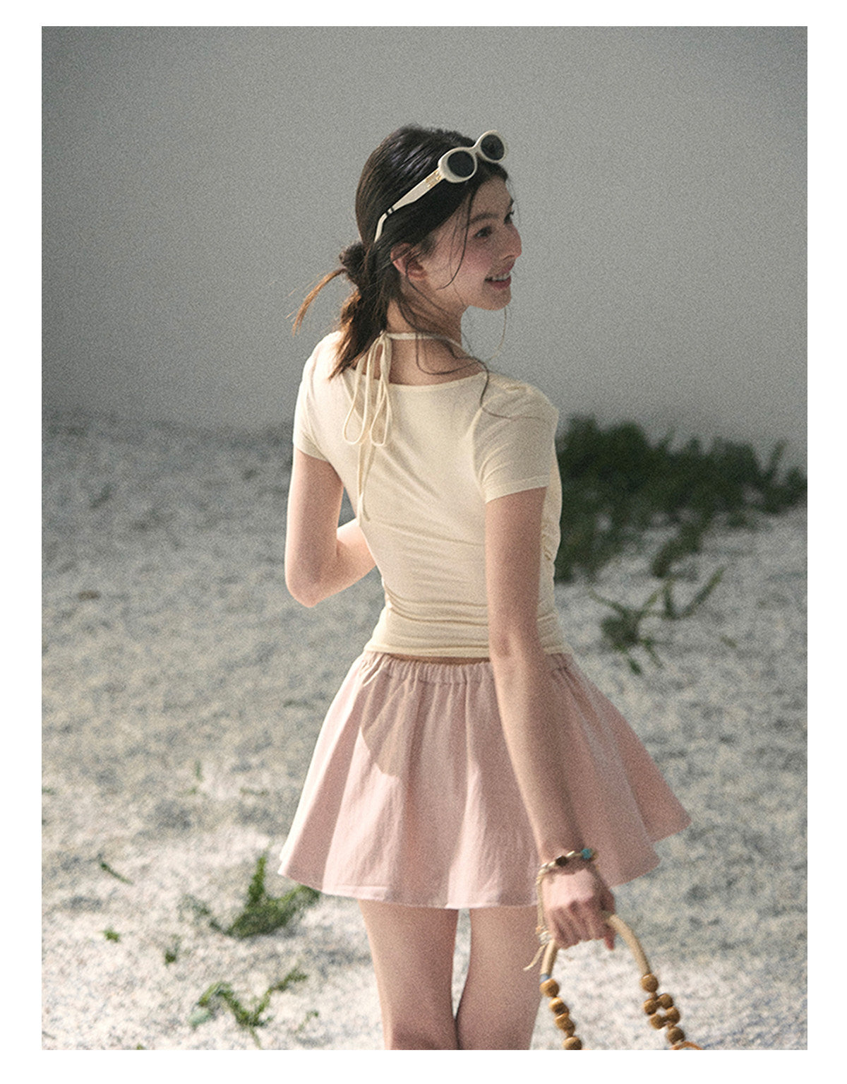 “Soft Veil Muse” Cream Apricot Layered Halter Lace Top