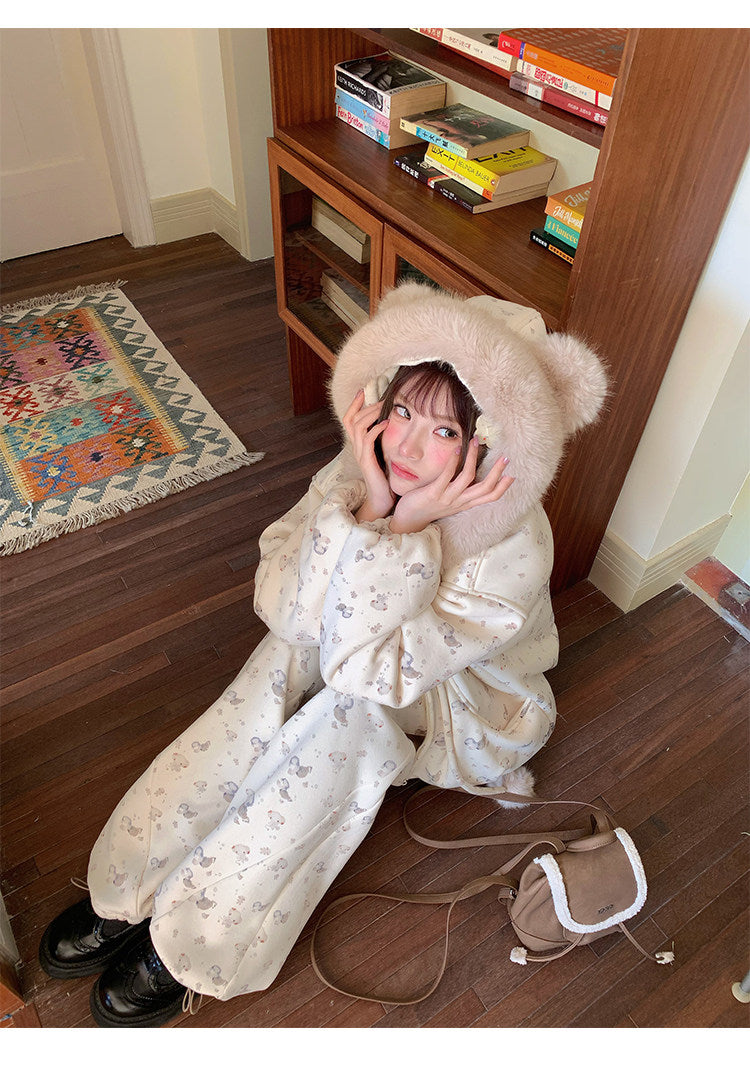 阮阮自制 - Honey Bear Ivory Plush Padded Jacket & Fleece Pants Set
