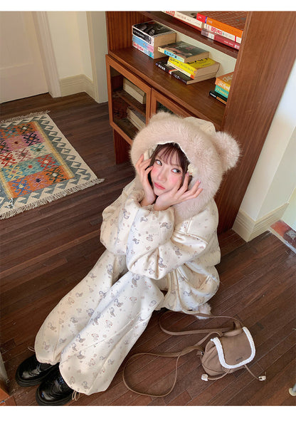 阮阮自制 - Honey Bear Ivory Plush Padded Jacket & Fleece Pants Set
