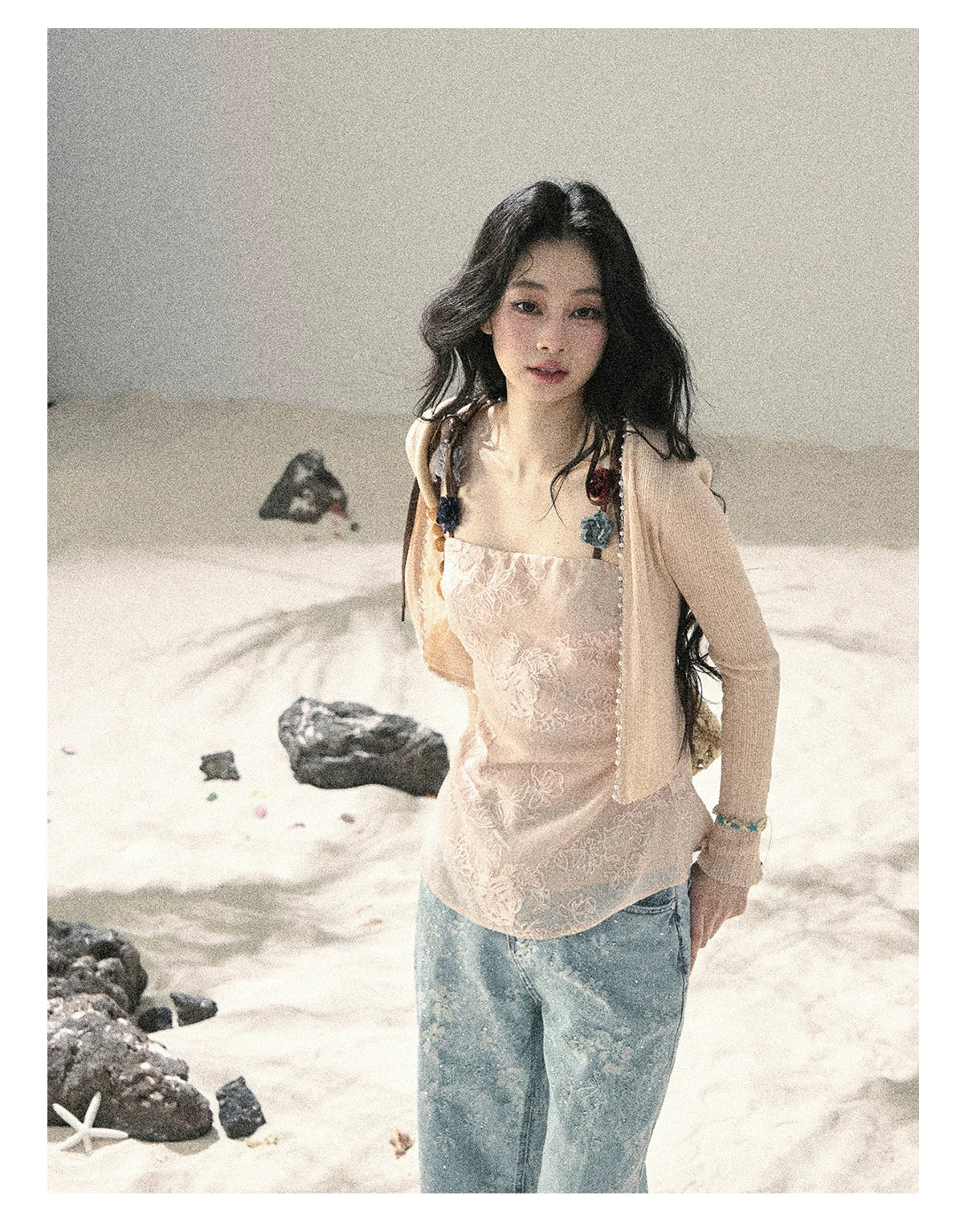 "Begonia in the Evening Breeze" Lotus Pink Embroidered Floral Cami Top