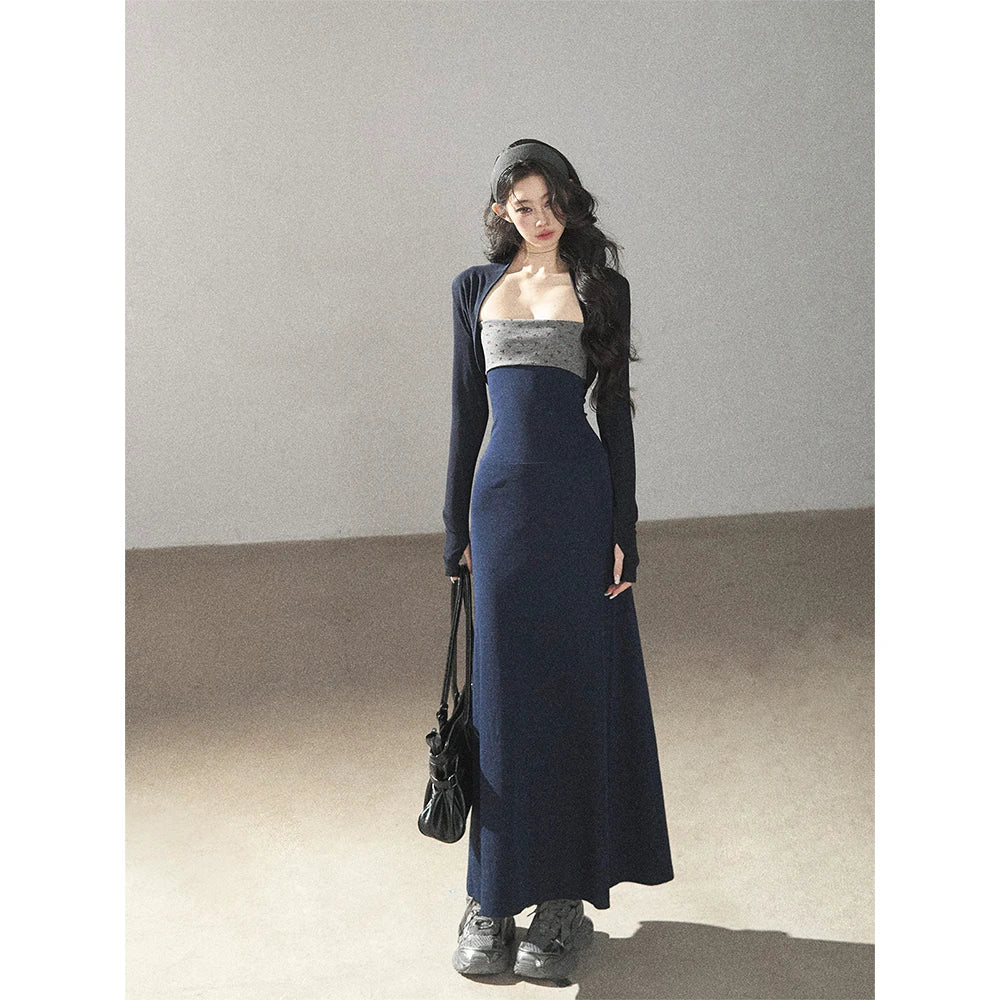 AOMALM - Iris Blue Two-Piece Dress Set – Strapless Maxi with Long Sleeve Cardigan